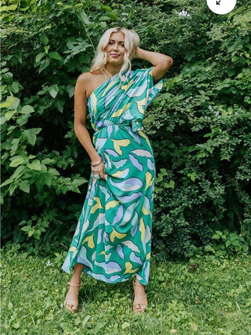 Tyche One-Shoulder Teal & Yellow Abstract Maxi Dress